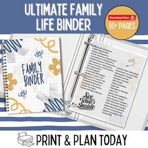Puede incluir: Un archivador de vida familiar con el texto "ULTIMATE FAMILY LIFE BINDER" y "FAMILY BINDER" en la portada. El archivador incluye más de 80 páginas de formularios imprimibles para información personal, de salud y financiera.