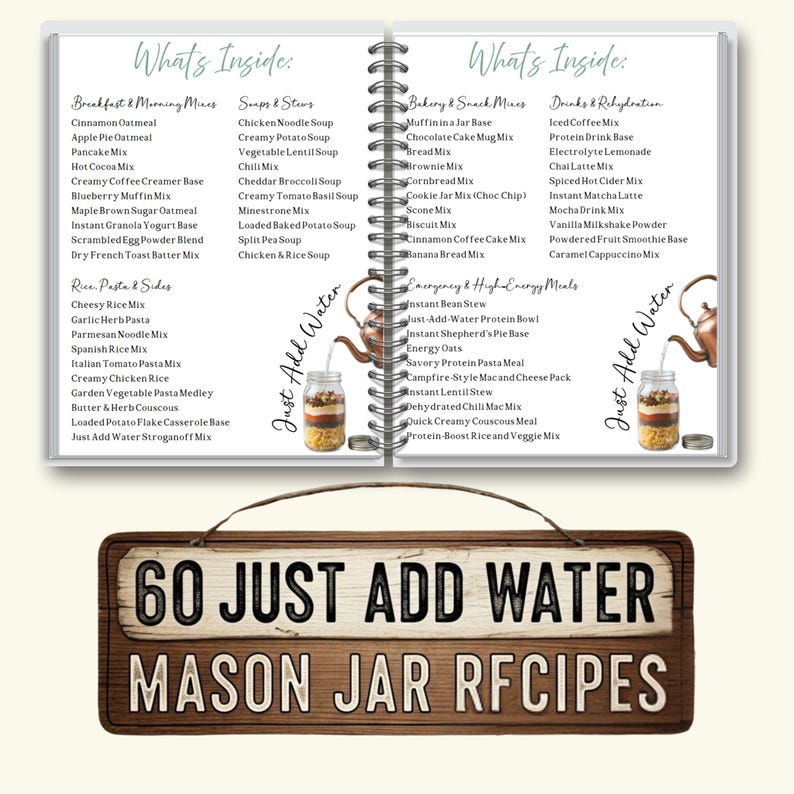 Pu&ograve; includere: Un libro di cucina a spirale con un cartello di legno sottostante. Il libro elenca ricette per la colazione, zuppe, contorni e altro. Il cartello recita "60 JUST ADD WATER MASON JAR RECIPES."