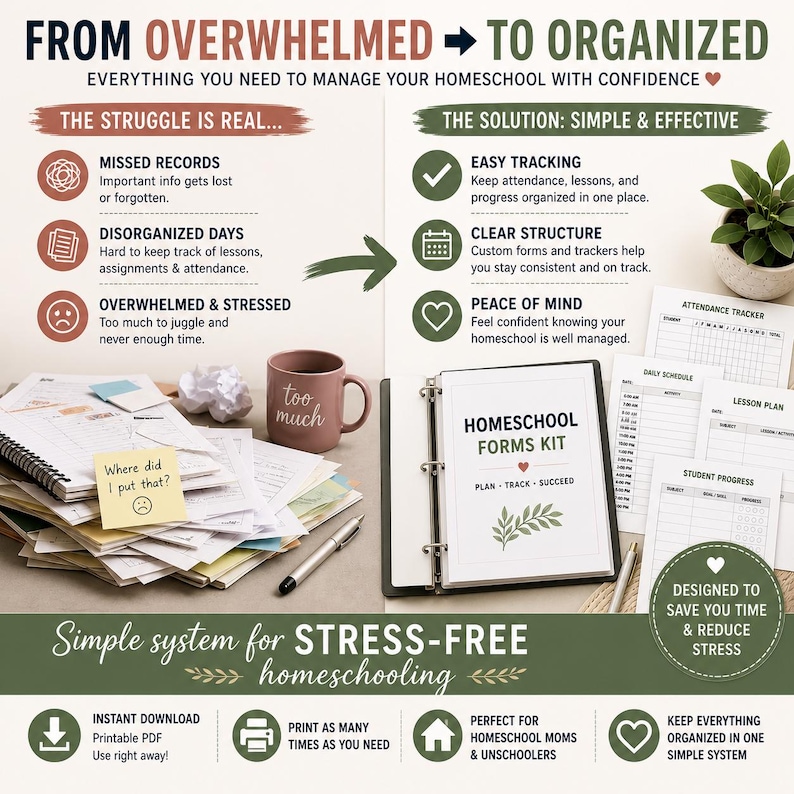 May include: An infographic with the text "From Overwhelmed to Organized" and "Homeschool Forms Kit." It includes a mug, papers, a binder, and a plant. The text highlights the struggles and solutions for homeschooling.