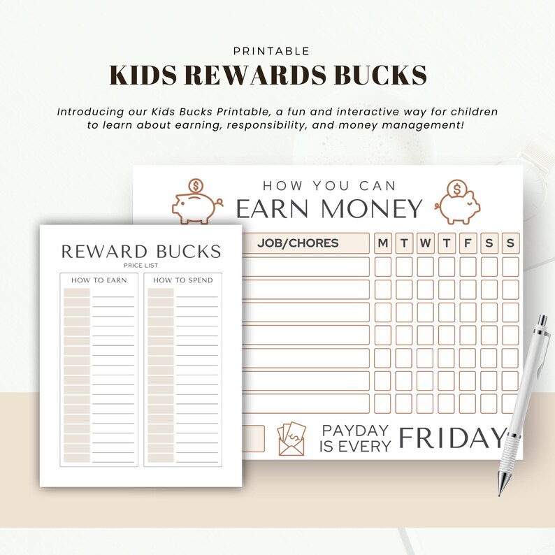 Kids Chore Chart & Reward Bucks: Printable Responsibility System With ...