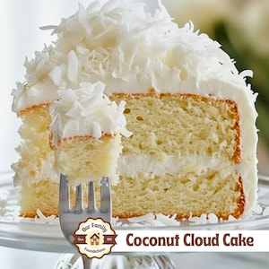 May include: A slice of Coconut Cloud Cake on a glass cake stand. The cake has a white frosting and is topped with shredded coconut. A fork holds a bite of the cake. The text "Coconut Cloud Cake" is visible.