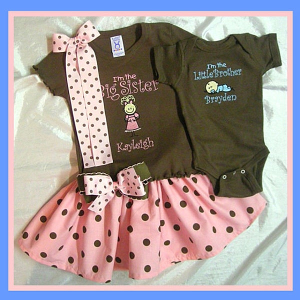 bOuTiQuE BIG SISTER Baby brother or sister long Sleeve TShirt ONESIE Tutu Hairbow Gift Set pink brown dot