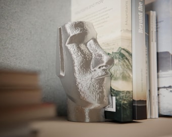 Sujetalibros con diseño Moai: Estatua decorativa moderna inspirada en la Isla de Pascua. Original portalibros escultural. Idea de regalo decorativa.