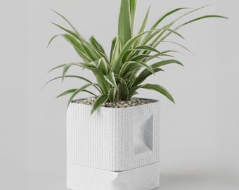 Maceta cuadrada acanalada con platillo, maceta moderna para interiores con drenaje oculto, maceta minimalista — AURA