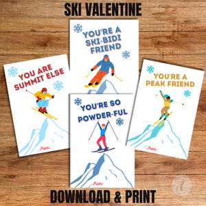 Valentinstagskarten, druckbare Valentinstagskarten, Valentinstag Ski, Tween Schneesportkarte, Skibidi Karten, Valentinstag in den Bergen