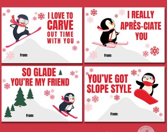 Snowboarding Kids Valentines, Skiing Valentine Cards, Kids Valentine's Day Cards, Penguin Classroom Valentine, Snowsports Valentine Skiier