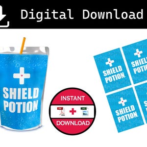May include: A digital download of printable party favor tags featuring a blue and white design with a white plus sign and the text "Shield Potion".