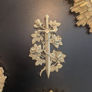 Large Knight Sword Wall Decor with Roses – Antique Gold Medieval Gothic Wall Art, Romantic Cabinet of curiosity