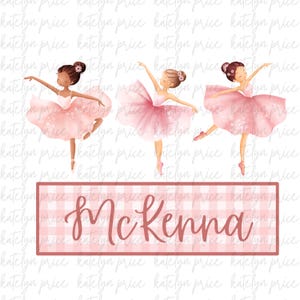 May include: Illustration of three ballerinas in pink tutus and pointe shoes. The ballerinas are in different poses, with arms raised. Below, a pink and white gingham rectangle displays the name "McKenna" in cursive.