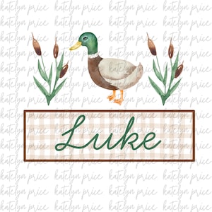 May include: Watercolor illustration featuring a mallard duck with green head, brown body, and yellow beak. The duck is positioned near cattails and the name "Luke" in green script on a plaid background.