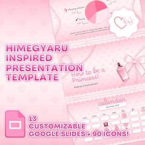 May include: A pink and white Google Slides presentation template inspired by the anime Himegyaru. The template includes 13 customisable slides and 90 icons. The template features a calendar, a pie chart, and a perfume bottle with a bow.