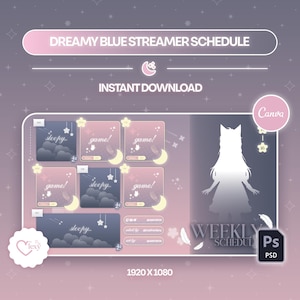 May include: A digital streamer schedule template in a soft blue and pink palette. The design incorporates sections for "sleepy" and "game" events, a character silhouette, and the words "WEEKLY SCHEDULE". Available for instant download, the template is designed for use with Canva and Photoshop.