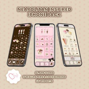 Op de afbeelding: Drie iPhone-mockups die een Neapolitanisch geïnspireerd telefoonpakket tonen met 51 app-pictogrammen, 3 achtergronden en vergrendelschermen, en 12 widgets. De mockups hebben een roze-bruin kleurenschema met een patroon van kleine hartjes.
