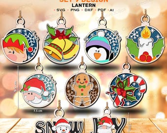 May include: A collection of nine Christmas ornaments with various designs, including an elf, bells, a penguin, a candle, Santa Claus, a gingerbread man, a candy cane, and the words "SNOW" and "JOY". The ornaments are made of wood and are approximately 3.7 inches wide.