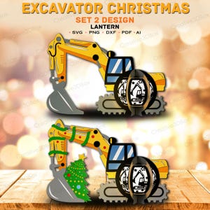 Könnte beinhalten: Zwei Bagger-Weihnachtslaternen-Designs. Die gelben und grauen Bagger haben ein Weihnachtsthema. Einer hat einen Weihnachtsbaum in der Schaufel, der andere eine Weihnachtsgirlande. Die Laternen sind schwarz-weiß mit einem Bagger-Design. Text: EXCAVATOR CHRISTMAS, SET 2 DESIGN, LANTERN.