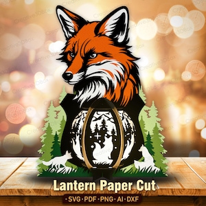 Lanterne renard papier découpé SVG | Boîte à ombres 3D animal de la forêt renard clair