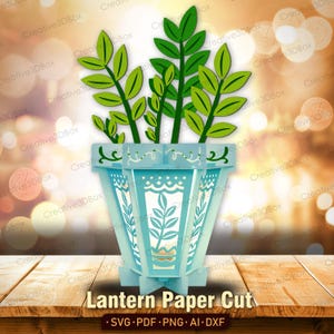 Linterna de papel ZZ Plant SVG, plantilla de maceta de árbol de dinero, lámpara de cartulina 3D para plantas de interior para Cricut, decoración botánica SVG /K444