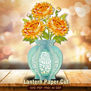 Farol de crisantemo cortado en papel, diseño de jarrón floral en capas 3D con flores de crisantemo otoñales para decoración de Tet, regalo o meditación /K512