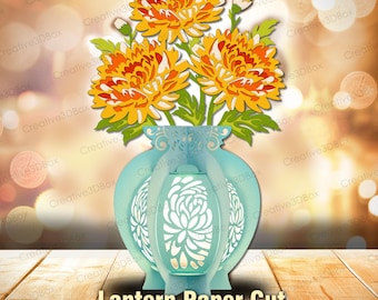 Chrysanthemum Flower Lantern Paper Cut, 3D Layered Floral Vase Design with Fall Mum Blooms for Tet, Gift or Meditation Decor /K512