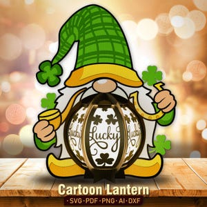 Gnome Shadow Box de la Saint-Patrick, lanterne de gnome de la Saint-Patrick, lanterne de Saint-Patrick svg, boîte de l'ombre de nain, Shamrock 3d, Gnome porte-bonheur/K165