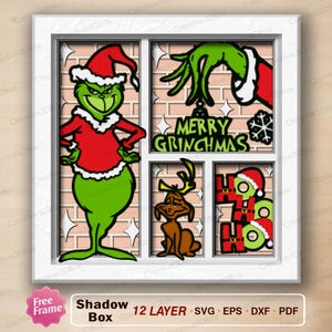 Lustige grüne Weihnachtsmonster Schatten Box SVG, Winterurlaub Papierschnitt Szene, süße Weihnachtshund Papierkunst, Cricut Silhouette Projekt /K94