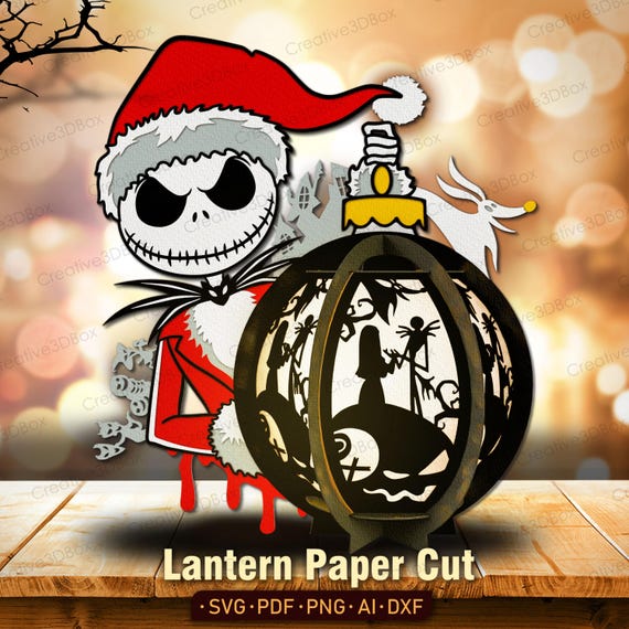 Christmas Skeleton Lantern SVG, Spooky Holiday Paper Cut Lightbox Design, Halloween Santa Lantern Decoration for Laser Cut Projects /K693