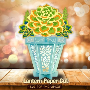Lanterna succulenta SVG, scatola luminosa di carta 3D con cactus ed echeveria, artigianato Cricut a strati per giardino, arredamento boho o estivo /K437