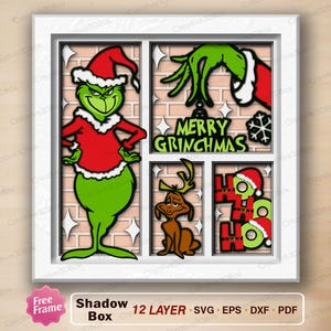 May include: A multi-layered shadow box featuring the Grinch in a Santa hat and red outfit, with the text "MERRY GRINCHMAS" and "HO HO HO". The artwork includes a reindeer and a snowflake, all set against a brick background.