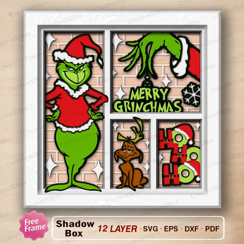 May include: A multi-layered shadow box featuring the Grinch in a Santa hat and red outfit, with the text "MERRY GRINCHMAS" and "HO HO HO". The artwork includes a reindeer and a snowflake, all set against a brick background.