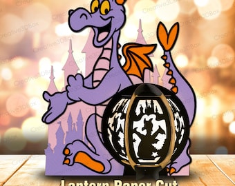 May include: A purple dragon paper cut design with orange accents, a castle silhouette, and a black lantern. The lantern features a cut-out design of a dragon and castle. The text "Lantern Paper Cut" is at the bottom.