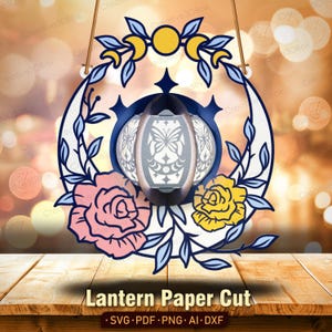 Lanterna mistica a forma di fiore di luna in formato SVG, Light Box 3D a mezzaluna con farfalla e rose, File di taglio carta a strati per Cricut e Silhouette /K371