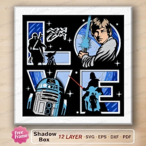 May include: A shadow box design spelling "LOVE" with Star Wars characters. The design includes Luke Skywalker with a lightsaber, R2-D2, Darth Vader, and other characters. The design is in blue and white on a black background.