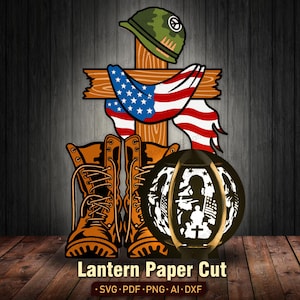 Archivo SVG de linterna de Día de los Caídos, corte de linterna de papel con cruz militar, caja de luz patriótica 3D para decoración de homenaje a veteranos /K473