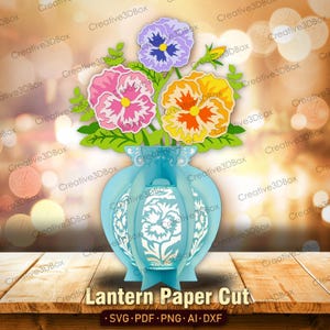 Stiefmütterchen Blumen Laterne Papierschnitt Datei | Stiefmütterchen Laterne Dekorationen Vase mit Stiefmütterchen Laterne Blumenvase Blume Geschenk für Mama Stiefmütterchen Blume svg / K301