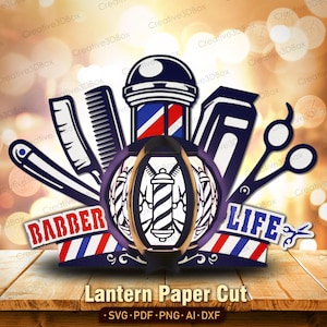 Lanterna de barbeiro SVG, poste de barbeiro e ferramentas cortadas em papel, lanterna 3D para presente de cabeleireiro, letreiro luminoso de barbearia para corte a laser /K493