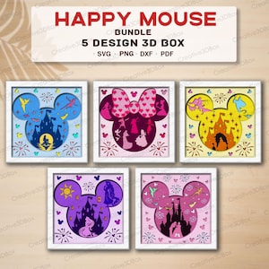 Könnte beinhalten: Ein Bundle von fünf 3D-Box-Designs mit ikonischen Mausohren. Jedes Design zeigt ein anderes Disney-Thema mit geschichteten Ausschnitten in verschiedenen Farben, darunter Burgen, Charaktere und Feuerwerk. Die Designs werden in weißen Rahmen präsentiert.