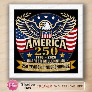 Puede incluir: Un diseño patriótico con un águila, la bandera estadounidense y el texto "AMERICA 250". Celebra 250 años de independencia, con los años 1776-2026. El diseño es de forma cuadrada.