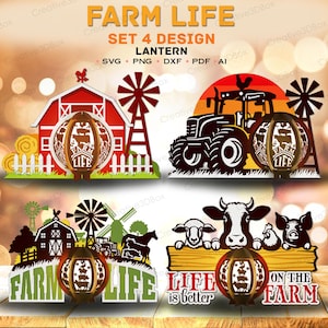 Ensemble de lanternes Farm Life, lot de 4 motifs rustiques 3D découpés dans du papier avec grange, tracteur, moulin à vent et animaux de la ferme pour décoration champêtre /K505