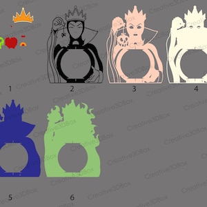 Puede incluir: Una colecci&oacute;n de dise&ntilde;os con el tema de la Reina Malvada en varios colores. Los dise&ntilde;os incluyen siluetas de la Reina Malvada sosteniendo una calavera, una corona y un caldero. La imagen tambi&eacute;n presenta una corona, una manzana envenenada y el texto "Creative3DBox".