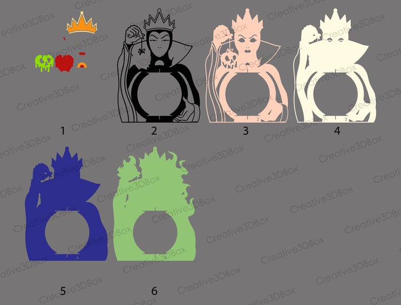 Puede incluir: Una colecci&oacute;n de dise&ntilde;os con el tema de la Reina Malvada en varios colores. Los dise&ntilde;os incluyen siluetas de la Reina Malvada sosteniendo una calavera, una corona y un caldero. La imagen tambi&eacute;n presenta una corona, una manzana envenenada y el texto "Creative3DBox".