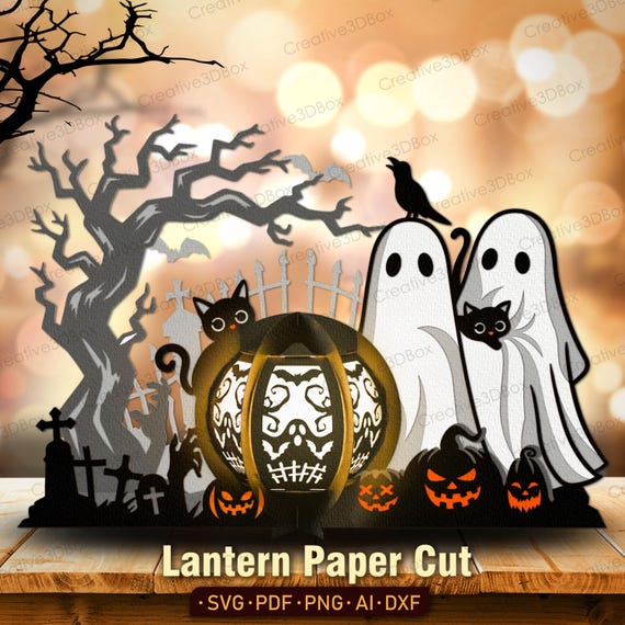 Halloween Lantern Paper Cut, Layered Shadow Box Lightbox Template, Spooky Wall Art Gift, Haunted House Decor For Home, Halloween Decor /K742