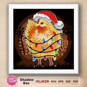 Svg de boîte d'ombre de poulet de Noël, boîte d'ombre de poulet, boîte d'ombre, poulet de Noël 3D, lumière de Noël de poulet, svg de Noël de ferme mignon