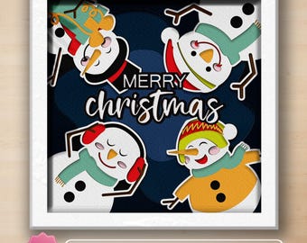 May include: A digital paper craft design featuring four snowmen with different hats and scarves. The snowmen are arranged in a circle around the text "Merry Christmas".