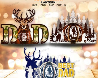 May include: A set of three laser-cut designs with a hunting theme. The designs include a deer with the word "DAD" in camouflage, a lantern with a hunter silhouette, and a "Best Dad Ever" design. The designs are suitable for SVG, PNG, DXF, PDF, and AI formats.