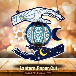 Lanterna con mani mistiche in formato SVG, scatola luminosa 3D con occhio malvagio, sole e luna, file di carta spirituale Boho per Cricut e cartoncino /K370
