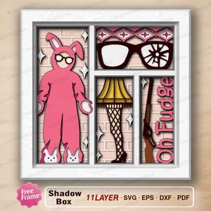 May include: A multi-layered shadow box featuring iconic imagery from a holiday movie. The design includes a pink bunny suit, glasses, a leg lamp, a BB gun, and the text "Oh Fudge". The artwork is set against a brick background.