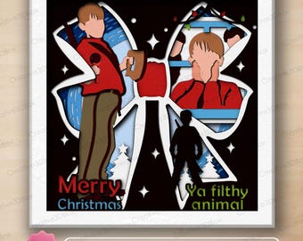 Funny Christmas Bow Shadow Box, Holiday Layered Papercut Scene, Merry Christmas Silhouette Art, Home Alone Shadow Box, Gift For Kids /K994
