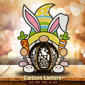 Gnome mignon avec lanterne oreilles de lapin de Pâques fichier | Lanterne de nain de Pâques nain de Pâques Shadow Box Décoration de nain de lapin de Pâques /K204
