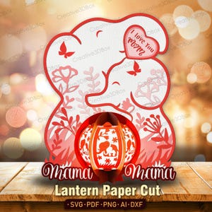 Elefanten Familie Laterne Papierschnitt Datei | Elefant Mama Laterne Muttertag Laterne Muttertagsgeschenk Glückliches Muttertagsgeschenk für Mama / K336