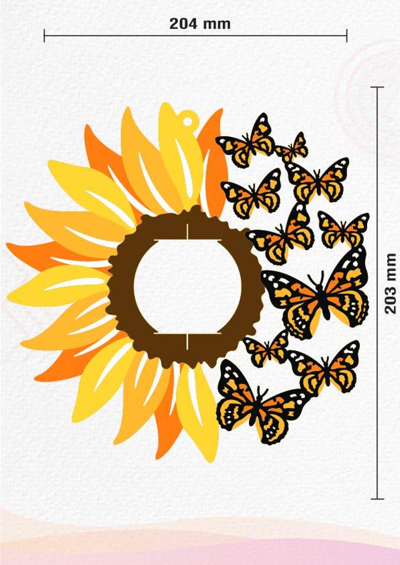 May include: A large yellow sunflower with a brown center and a circle cut out of the center.  There are 8 orange and black butterflies flying around the sunflower. The sunflower is 8 inches in diameter and the butterflies are 1 inch in diameter.